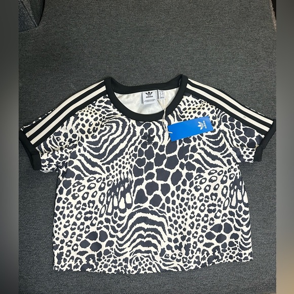Adidas Originals 3-Stripes Animal Print Cropped Tee Ecru/Black Size S NWT - Picture 9 of 12